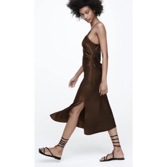 Zara Brown Surplice V-neck Satin Slip Midi Dress Side Slit Size Small - Picture 4 of 12